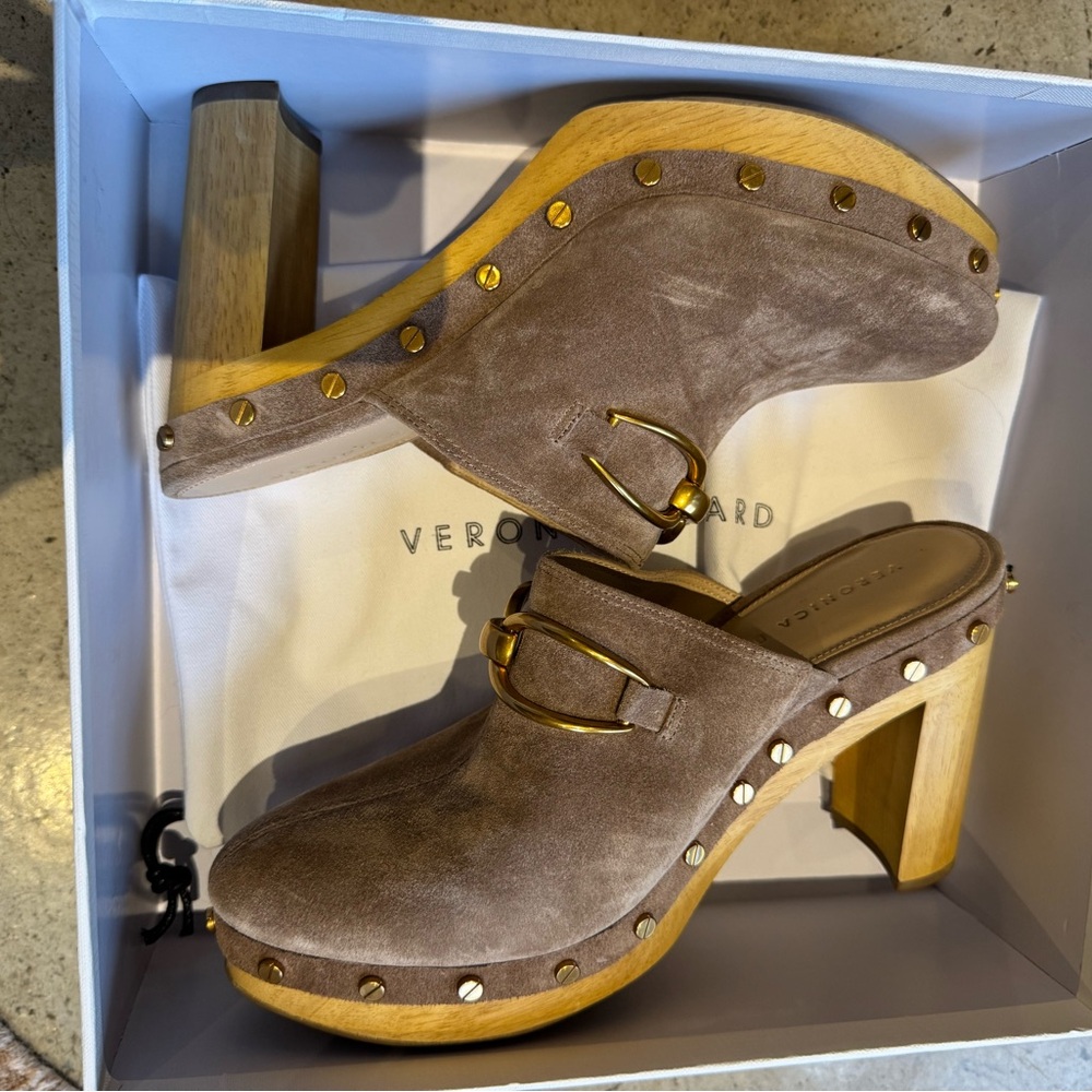 EUC Veronica Beard Giles suede studded platform clogs, color: latte, size 8 - Picture 3 of 12
